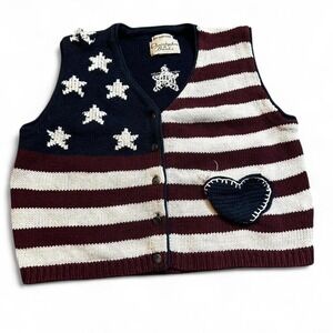 Vintage hand knitted cottage core USA Fourth of‎ July vest size small flaw
